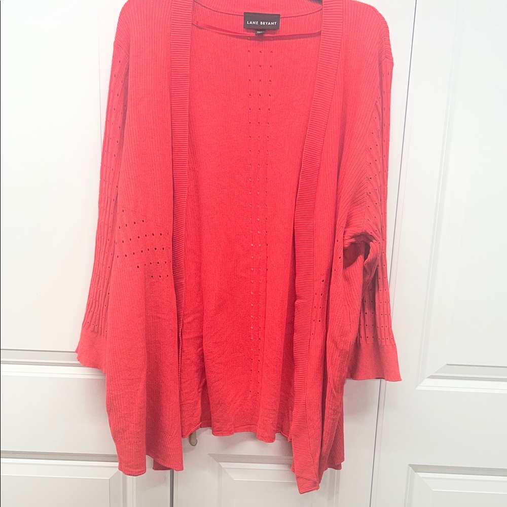 Lane Bryant Coral Red Pointelle Open Front Cardigan Sweater 22/24 Plus Size